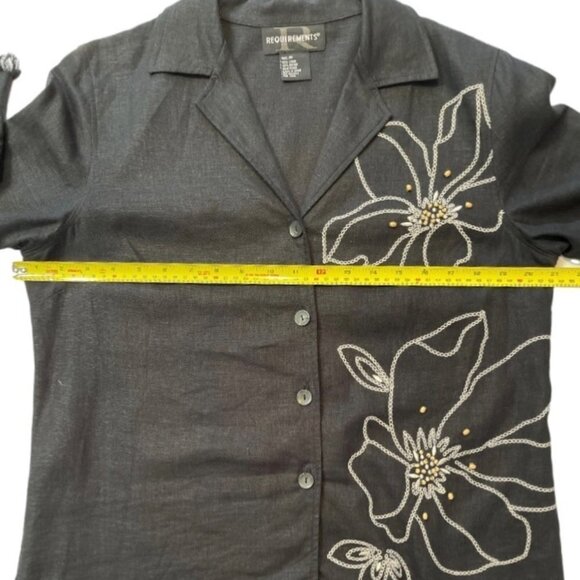 REQUIREMENTS Women's Linen Blend Black Beaded Button Blouse Medium Embroidery - Picture 10 of 13